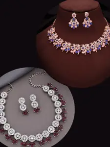 DIVASTRI Set Of 2 Gold-Plated American Diamond Studded Necklace And Earrings