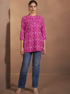 Anouk Floral Printed Mandarin Collar Liva Straight Kurta