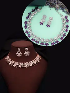 DIVASTRI Set Of 2 Rose Gold & Silver Plated American Diamond Studded Necklace With Earring