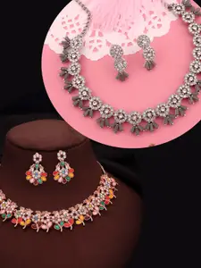 DIVASTRI Set Of 2 Rose Gold & Silver-Plated American Diamond Studded Necklace & Earrings