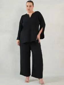 FEMMELLA Plus Size Notch Neck Slit Sleeves Top With Trousers