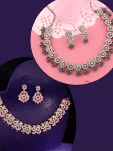 DIVASTRI Set Of 2 Silver Plated American Diamond Studded Necklace And Earrings