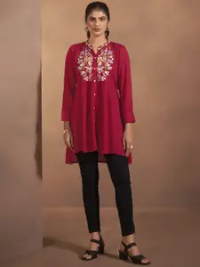 Anouk Floral Embroidered Mandarin Collar A-Line Liva Kurta