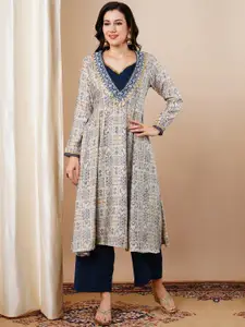 FASHOR Ethnic Motifs Printed Embroidered Thread Work A-Line Kurta