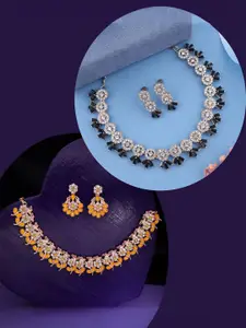 DIVASTRI Set Of 2 Gold & Silver-Plated Artificial Stones Studded Necklace And Earrings