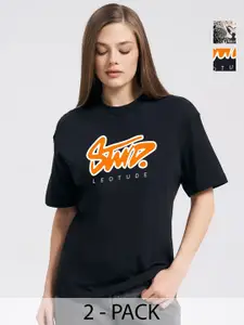 Leotude Women Pack Of 2 Graphic Printed Round Neck Cotton Oversized T-shirts