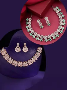DIVASTRI Rose Sliver-Plated American Diamond-Studded Necklace And Earrings