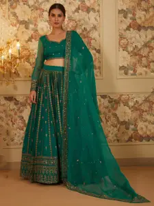 FABPIXEL Embroidered Sequinned Semi-Stitched Organza Lehenga & Blouse With Dupatta