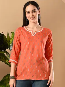 GLOWWORLD Geometric Printed Notch Neck Thread Work Straight Short Kurti