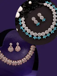 DIVASTRI Set Of 2 Silver-Plated Artificial Stones Studded Necklace And Earrings
