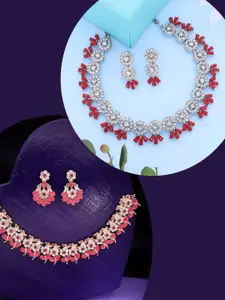 DIVASTRI Set of 2 Gold-Plated Artificial Stones Studded Necklace With Earrings