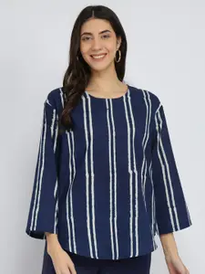 Pink Fort Women Cotton Dabu Striped Top Indigo