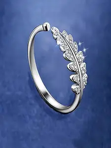 DressBerry Silver-Plated Cubic Zirconia Studded Leaf Adjustable Open Finger Ring