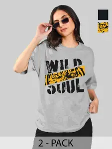 Leotude Women Pack Of 2 Typography Printed Round Neck Cotton Oversized T-shirts