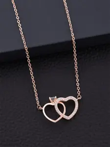 SOLIBELLE Rose Gold-Plated Artificial Stones-Studded Heart Shaped Pendants With Chains