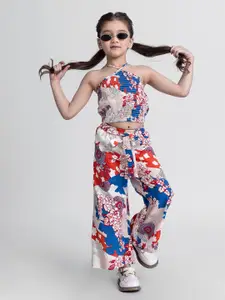 taffykids Girls Floral Printed Halter Neck Sleeveless Pure Cotton Top With Palazzos