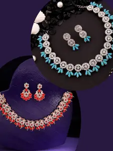 DIVASTRI Set Of 2 Rose Gold-Plated American Diamond Studded Necklace And Earrings