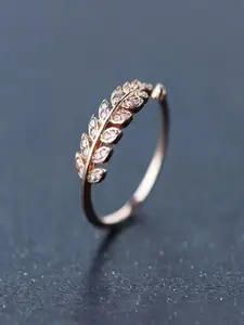 DressBerry Rose-Gold Plated Cubic Zirconia Studded Leaf Adjustable Open Finger Ring