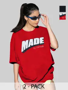 Leotude Women Pack Of 2 Typography Printed Round Neck Cotton Oversized T-shirts