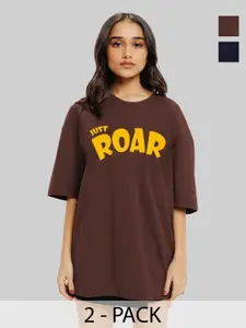 Leotude Women Pack Of 2 Typography Printed Round Neck Cotton Oversized T-shirts