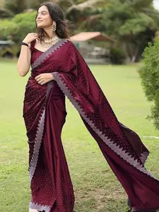 Saree mall Embellished Beads and Stones Satin Designer Sarees
