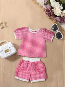 pspeaches Girls Checked Round Neck Pure Cotton Top With Shorts