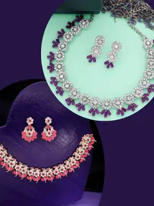 DIVASTRI Pack Of 2 Silver & Rose Gold Plated American Diamond Necklace With Earrings