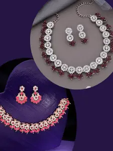 DIVASTRI Set Of 2 Gold & Silver-Plated Artificial Stones Studded Necklace With Earrings