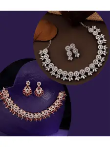 DIVASTRI Set Of 2 Gold & Silver Plated Artificial Stones Studded Necklace And Earrings