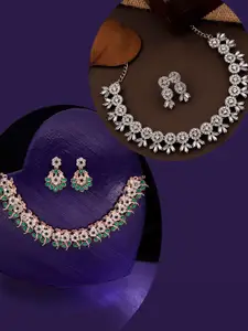 DIVASTRI Set Of 2 Gold & Silver Plated Artificial Stones Studded Necklace With Earrings