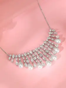 GIVA 925 Sterling Silver Rhodium-Plated Stone Studded & Beaded Glamour Glow Necklace