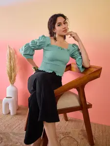 Sangria Puff Sleeve Smocked Bardot Crop Top