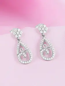 Zavya 925 Sterling Silver Rhodium-Plated Cubic Zirconia Studded Contemporary Drop Earrings