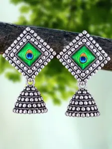 DIVASTRI Set Of 5 Silver-Plated Artificial Stones Studded & Beaded Dome Shaped Jhumkas