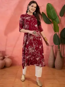 Sangria Floral Printed High Slit Mandarin Collar Pure Cotton A-Line Kurta
