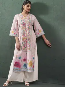 Anouk Floral Printed V-Neck Pure Cotton Straight Kurta