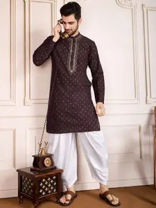 House of Pataudi Floral Embroidered Mandarin Collar Sequnnied Cotton Straight Kurta
