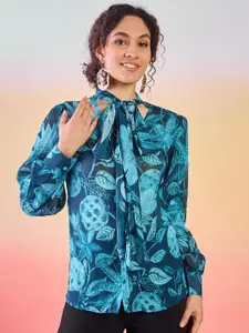 Sangria Floral Printed Tie-Up Neck Cuffed Sleeves Shirt Style Top