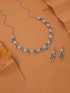 Anouk Silver-Plated Artificial Stones-Studded Necklace With Earrings