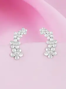 Zavya 925 Sterling Silver Rhodium-Plated Cubic Zirconia Studded Floral Drop Earrings