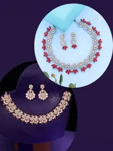 DIVASTRI Set Of 2 Silver-Plated Artificial Stones-Studded Necklace and Earrings