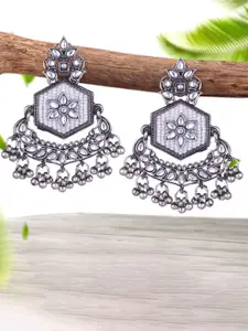 DIVASTRI Silver-Plated Pearls Beaded & Kundan Studded Contemporary Oxidised Chandbalis