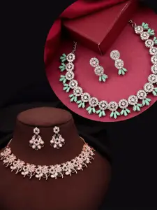 DIVASTRI Set Of 2 Rose Silver-Plated American Diamond-Studded Necklace And Earrings