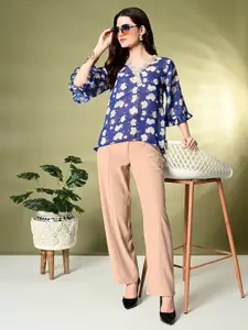 KALINI Women Floral Print V-Neck Puff Sleeve Regular Top