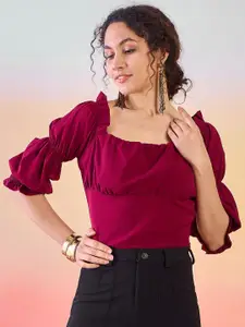 Sangria Square Neck Puff Sleeves Crop Top