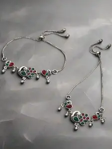 Sangria Silver-Plated Artificial Stones and Beads Peacock Shaped Adjustable Anklets