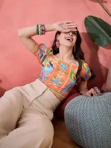 Sangria Floral Printed Puff Sleeves Crop Top