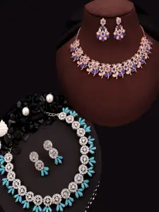 DIVASTRI Set Of 2 Gold & Silver Plated Artificial Stones Studded Necklace And Earrings