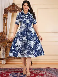 Divsy Fashion Floral Printed Shirt Collar Cotton A-Line Ethnic Dress