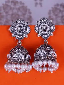 DIVASTRI Silver-Plated Artificial Stones Studded And Beaded Dome Shaped Oxidised Jhumkas